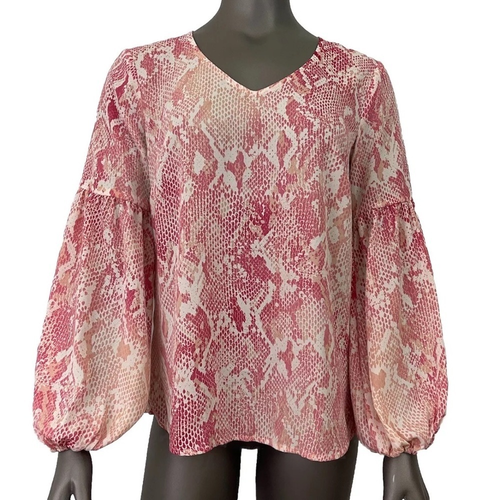 CAbi Blouse Women’s S Pink & White Snake Print Puff Sleeve Top Animal Office